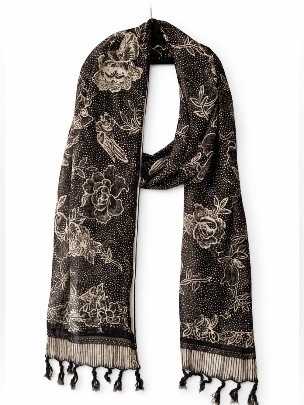 Echo Black and Cream Floral Scarf Fringe Lightweight Rayon Wrap Boho